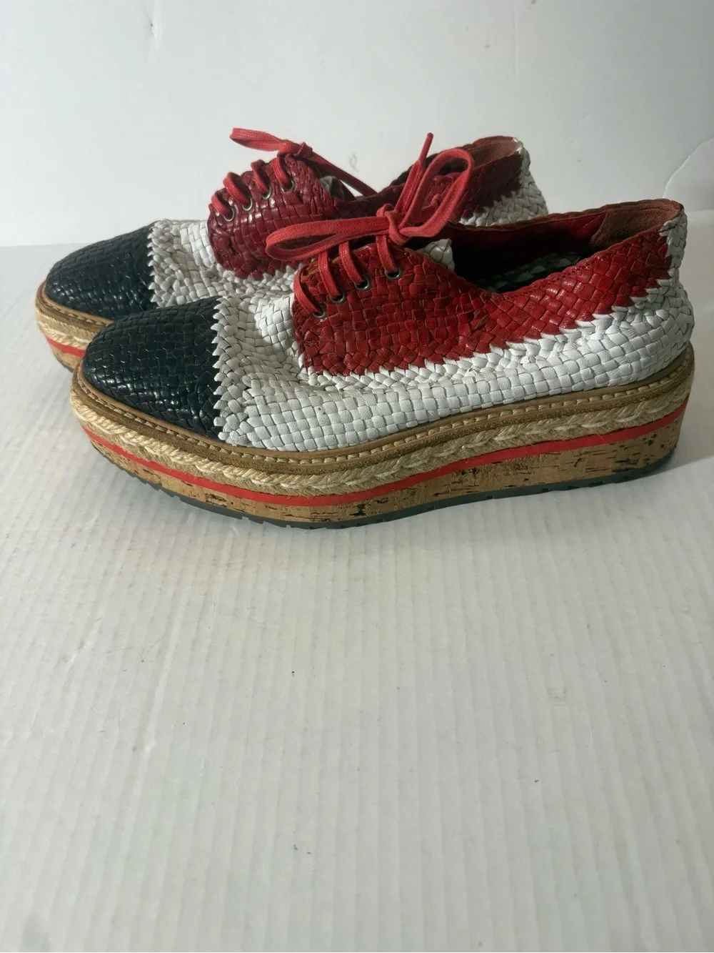 Prada Madras Tricolor Woven Leather Platform Espadrille Size: 37.5 - Picture 2 of 8